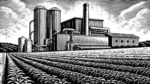 bioenergy facility surrounded by green crop fields and processing towers, a black and white sketch vector hand drawn