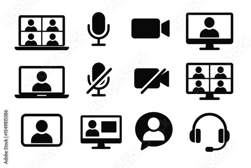 Video conferencing icons set: microphone, camera, screen, headset for online meetings