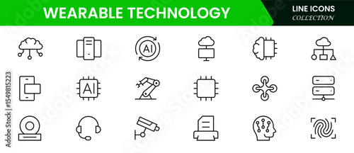 Sleek vector web line icons depicting wearable technology, smartwatches, fitness trackers, sensors, and innovative devices for connected lifestyles.