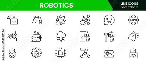 Futuristic vector web line icons depicting robotics, automation, drones, AI, and advanced machinery for innovative, efficient technological solutions.