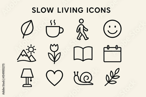 Minimalist slow living icons: nature, relaxation, and simplicity symbols