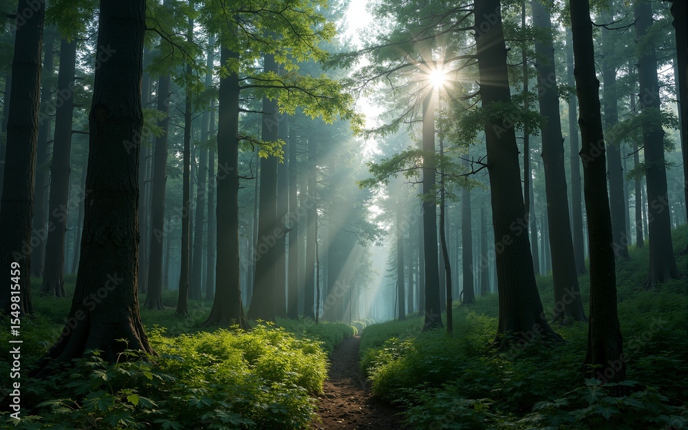 Fototapeta premium A dense forest with many tall trees, suitable for nature or environmental themes. High quality