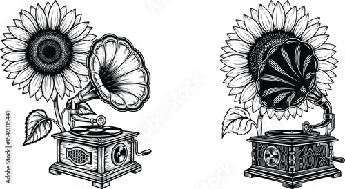 Line Art Illustration Featuring Antique Phonograph and Sunflower Engravings, Vintage Style