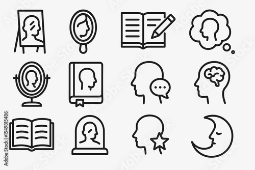 Collection of black and white icons of human silhouettes and profiles