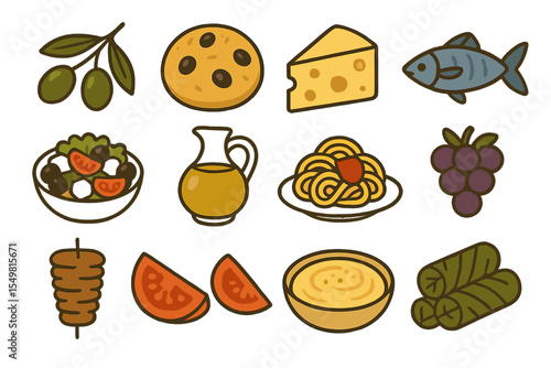 Colorful illustration of mediterranean food icons featuring cheese and vegetables