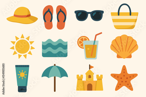 Summer beach icons: hat, flip-flops, sunglasses, tote, sun, waves, drink, shells, sunscreen, umbrella, sandcastle, starfish