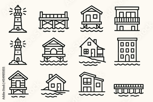 Coastal icons: lighthouses, docks, and houses by the sea