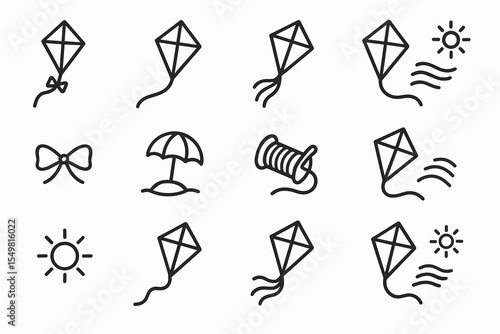 Kite and summer symbols: line art design with sun and beach icons
