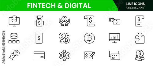 Sleek vector web line icons depicting fintech, digital payments, blockchain, mobile banking, and innovative financial technology for seamless transactions.