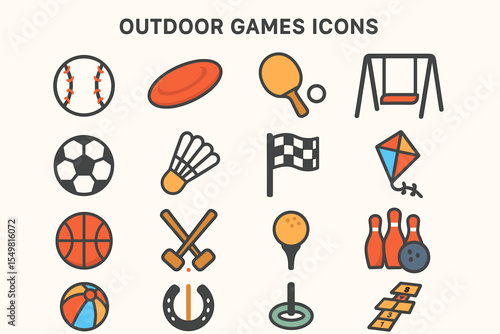 Outdoor games icons: frisbee, badminton, soccer, golf, swing, kite, bowling