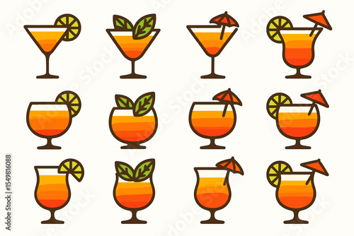 Colorful tropical cocktails icons with umbrellas and citrus garnish