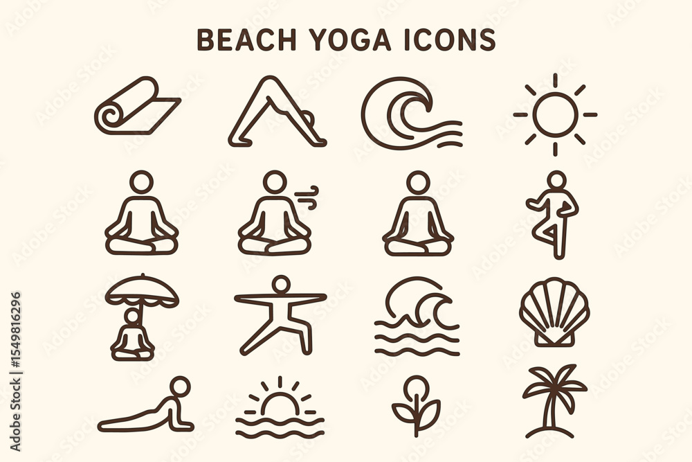 Fototapeta premium Beach yoga icons set featuring meditation poses and nautical elements