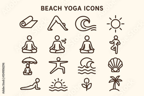 Beach yoga icons set featuring meditation poses and nautical elements
