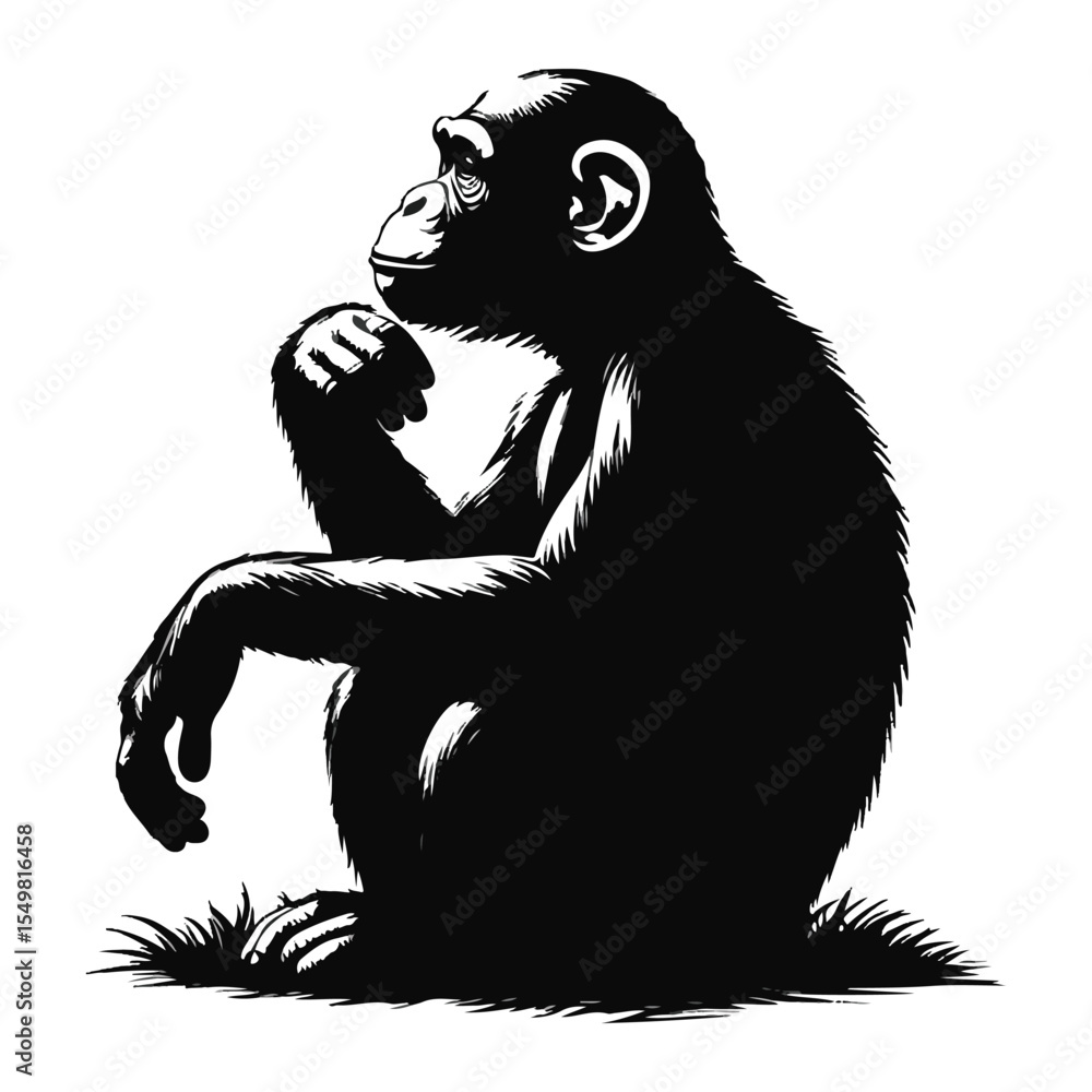 Fototapeta premium Vector drawing of a chimpanzee set silhouette and vector chimpanzee line art