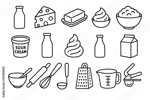 Assorted kitchen utensils and dairy products icons in black line art style