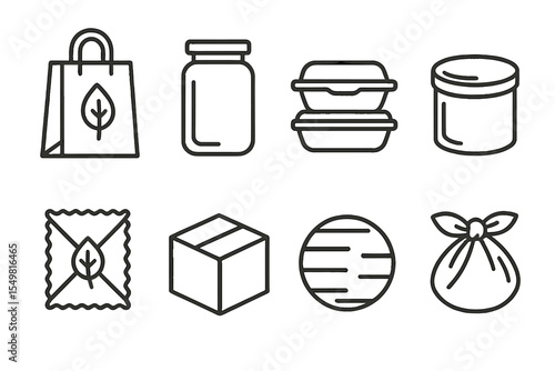 Sustainable packaging icons featuring eco-friendly designs and containers