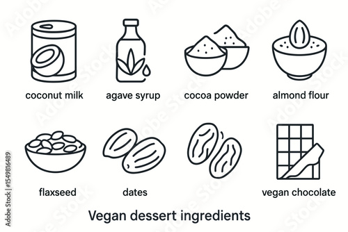 Vegan dessert ingredients: coconut milk, agave, cocoa, almond flour, flaxseed, dates, chocolate