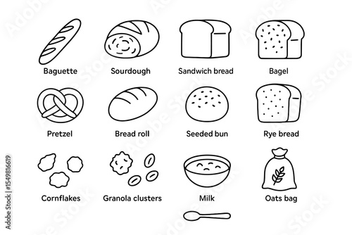 Assorted breads and breakfast items: baguette, sourdough, milk, oats, pretzel