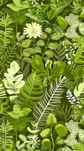 Lush Green Tropical Leaves and Flowers Seamless Pattern Design