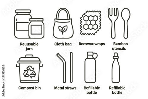 Zero waste icons: reusable jars, cloth bag, beeswax wraps, bamboo utensils, compost bin