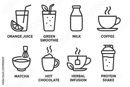 Icons of popular drinks: coffee, juice, matcha, infusion, shake
