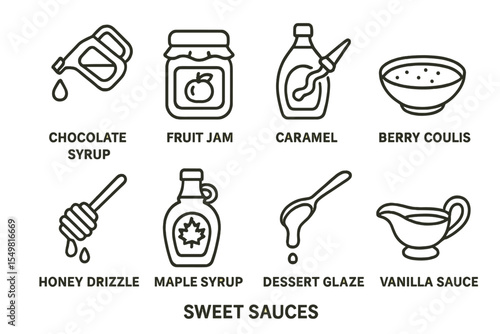 Sweet sauces icons: chocolate, fruit jam, caramel, berry coulis, honey, maple, dessert, vanilla