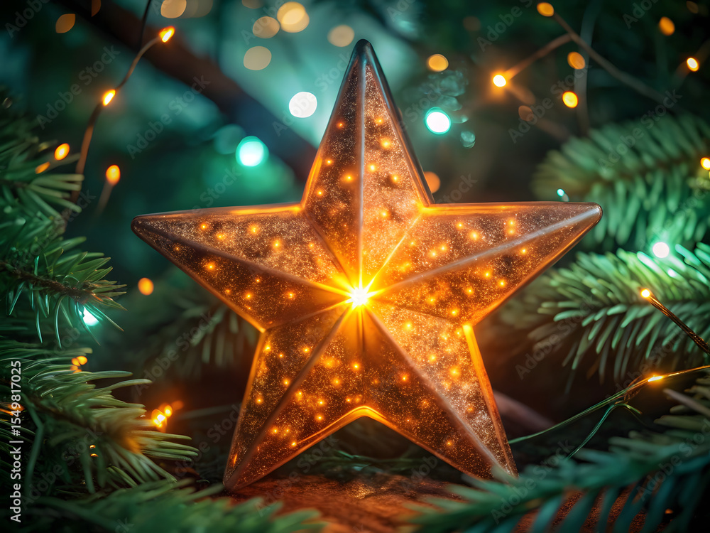 Golden stars adorn a festive Christmas tree, sparkling with holiday cheer Golden stars adorn a festive Christmas tree, sparkling with holiday cheer