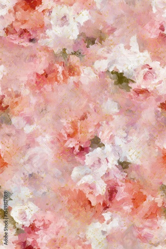 Painterly rendering of floral arrangement with pink peach and white hues accented with gold speckles reminiscent of soft blooms