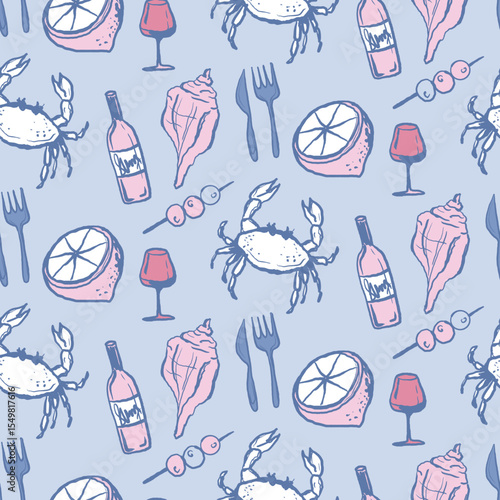 Sea food vacation seamless pattern. Wine, crab, seashells and lemon hand drawn illustration. Design for textile, paper wrap restaurant and menu. Ocean and sea delicacy