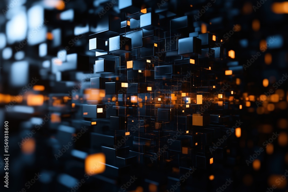 Obraz premium Abstract digital blocks illuminated with orange and blue light emitting patterns