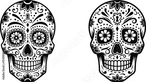 Ornate Sugar Skull Illustrations Day of the Dead Art, Decorative Skull Vectors