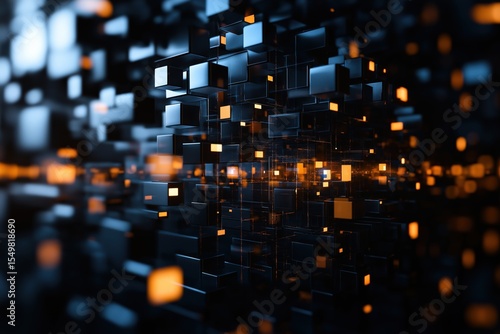 Abstract digital blocks illuminated with orange and blue light emitting patterns