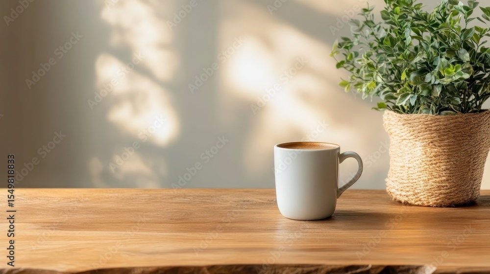 Obraz premium An elegant white coffee cup sits on a rustic wooden table next to a green potted plant, creating a serene and inviting atmosphere perfect for relaxation or contemplation.
