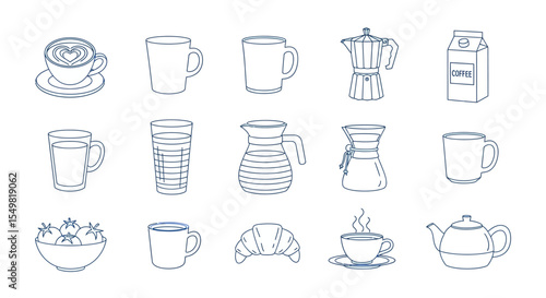 Collection of Line Art Drawings: Coffee Cups, Mugs, Pots, and Breakfast Items
