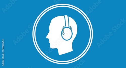 White Profile Head with Safety Earmuffs on Blue Background Sign