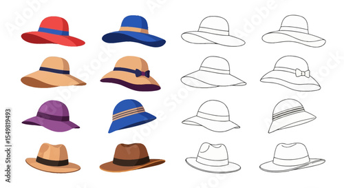 Assorted Colorful and Outlined Sun Hats Collection, Vector Illustration.