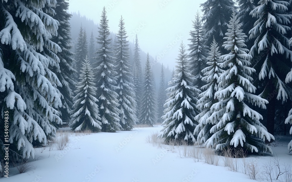 Fototapeta premium White frosted trees and dark green pines in a snowy winter forest Winter wonderland scene perfect for nature season and holiday themes. High quality