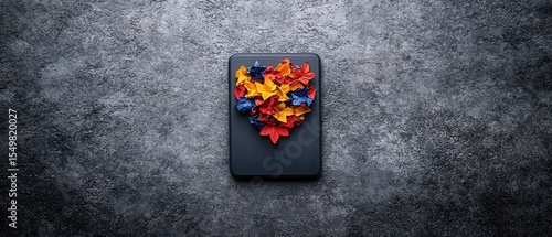 Heart Shape Created from Colorful Petals on a Dark Background