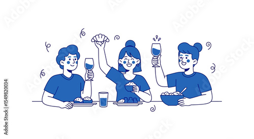 Cheerful People Enjoying Dinner, Toasting with Wine Glasses, Celebrating Together