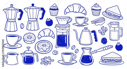 Coffee and Pastries Doodle Set with Blue Outline, Moka Pots, Cups, and Food