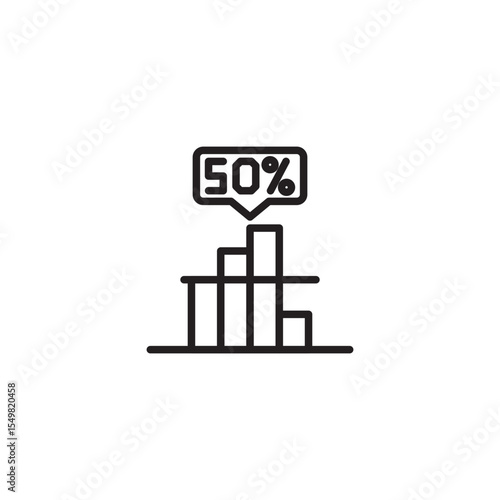 A simple line art icon displays a bar chart with four bars of varying heights. A speech bubble above the tallest, central bar shows "50%", indicating a specific data point. 
