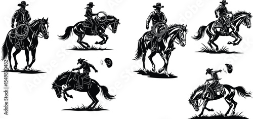Silhouette Cowboys Riding Horses, Lassoing, and Bucking, Western Lifestyle, Rodeo Clipart Elements