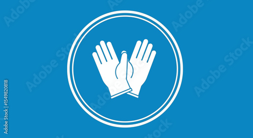 White Protective Gloves Icon: Pair of Clean, Simple,  Overlapping Gloves in a Circular Frame on Blue
