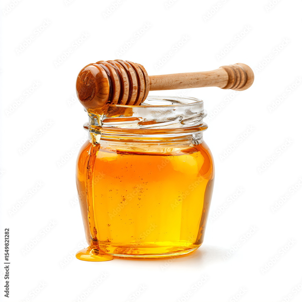 glass jar of honey with wooden dipper, golden color, isolated on white background glass jar of honey with wooden dipper, golden color, isolated on white background