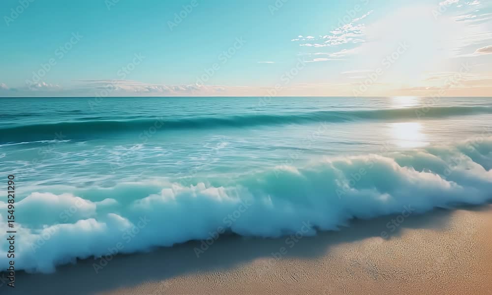 Turquoise Ocean Waves Crashing On Sandy Beach During Golden Hour Sunlight Reflection Creates An Idyllic Tropical Turquoise Ocean Waves Crashing On Sandy Beach During Golden Hour Sunlight Reflection Creates An Idyllic Tropical