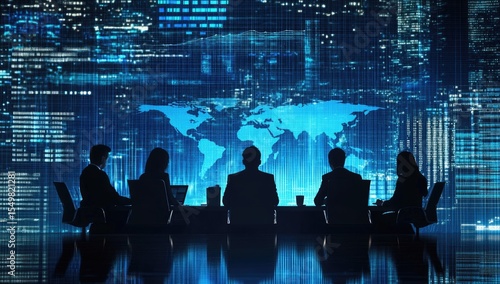 Silhouette of a business meeting with a global digital cityscape backdrop