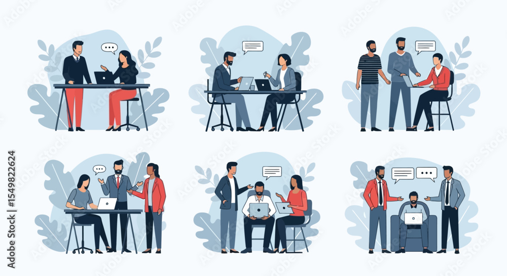 Fototapeta premium Diverse Business Team Collaboration: Six Scenes of Professionals Working Together on Laptops