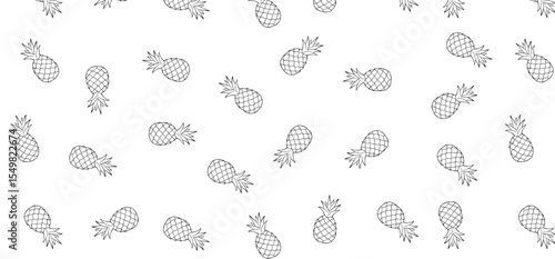 Scatter seamless pattern with pineapple outline style, black and white color