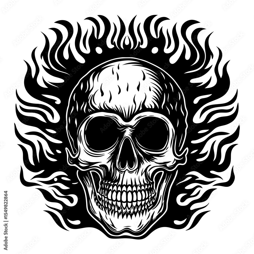 Fototapeta premium Intricate black and white skull with fiery flames silhouette