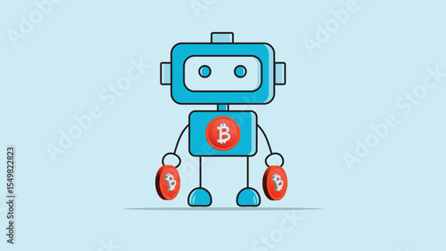 blue robot with 3d bitcoin icon